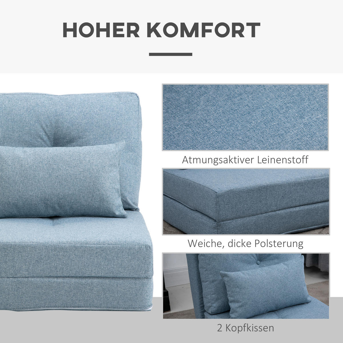 BODENSESSEL 2-in-1 Klappmatratze mit verstellbarer Rückenlehne Metall Himmelblau - Blau, Metall (60/56/80cm) - HOMCOM