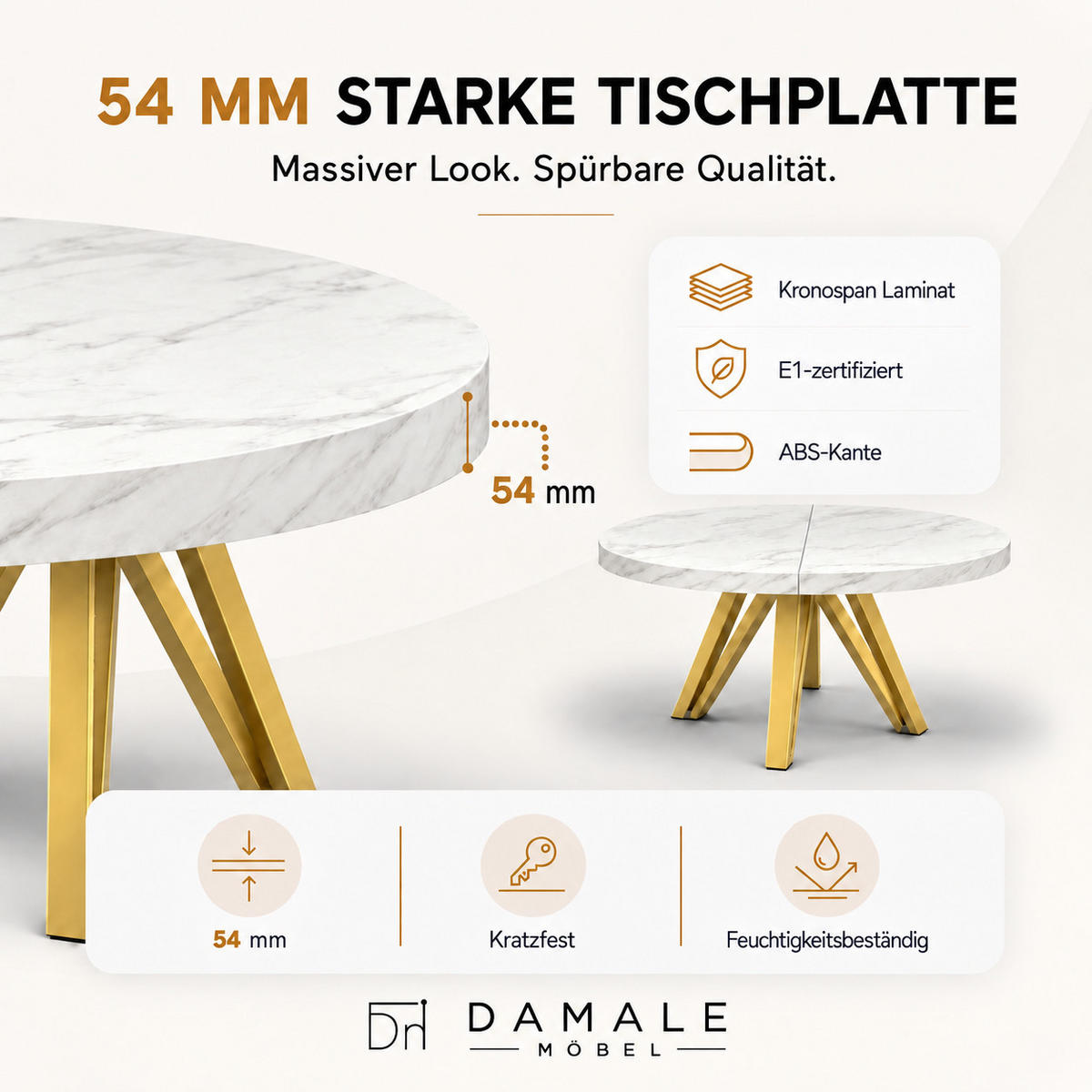 ESSTISCH rund ausziehbar 100/200/76 cm, Marmor, 54 cm Tischplatte + Industrial Metallgestell Gold - Goldfarben/Hellgrau, Holzwerkstoff/Metall (100/200/76cm) - Damale Möbel