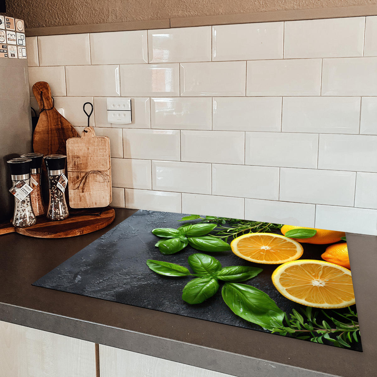 HERDABDECKPLATTE Obst - Grau - Konkret - Orange - Pflanzen Induktionsmatte 71x52 cm - Anthrazit, Kunststoff (71/52/0.2cm) - MuchoWow