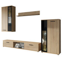 WOHNWAND Eiche, schwarz 255 cm Lamellenoptik, Schrankwand mit Beleuchtung - Eichefarben/Schwarz, Glas/Holzwerkstoff (255/180/30cm) - Furn.Design