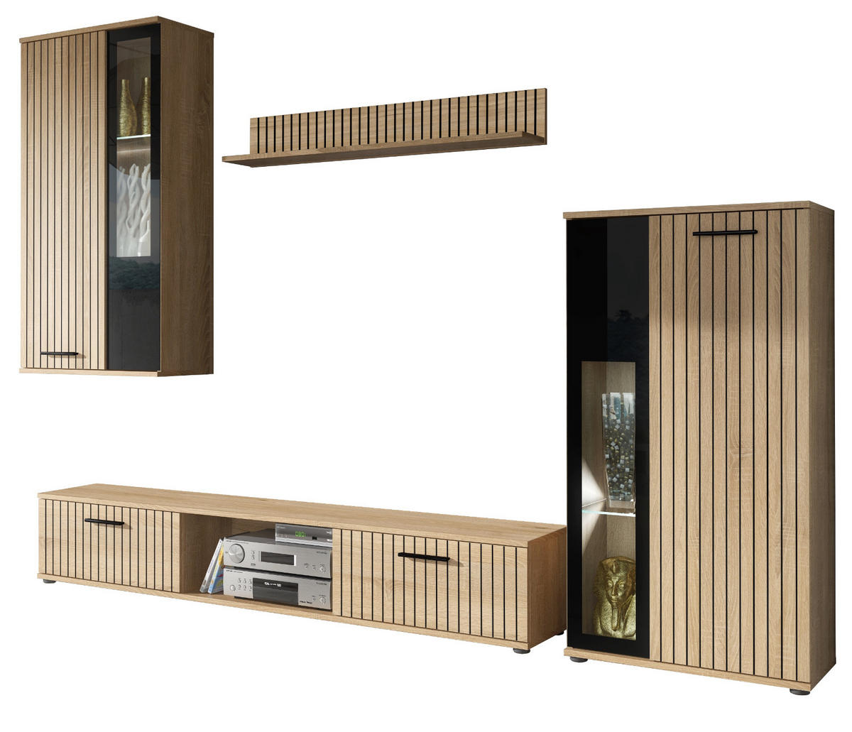 WOHNWAND Eiche, schwarz 255 cm Lamellenoptik, Schrankwand mit Beleuchtung - Eichefarben/Schwarz, Glas/Holzwerkstoff (255/180/30cm) - Furn.Design