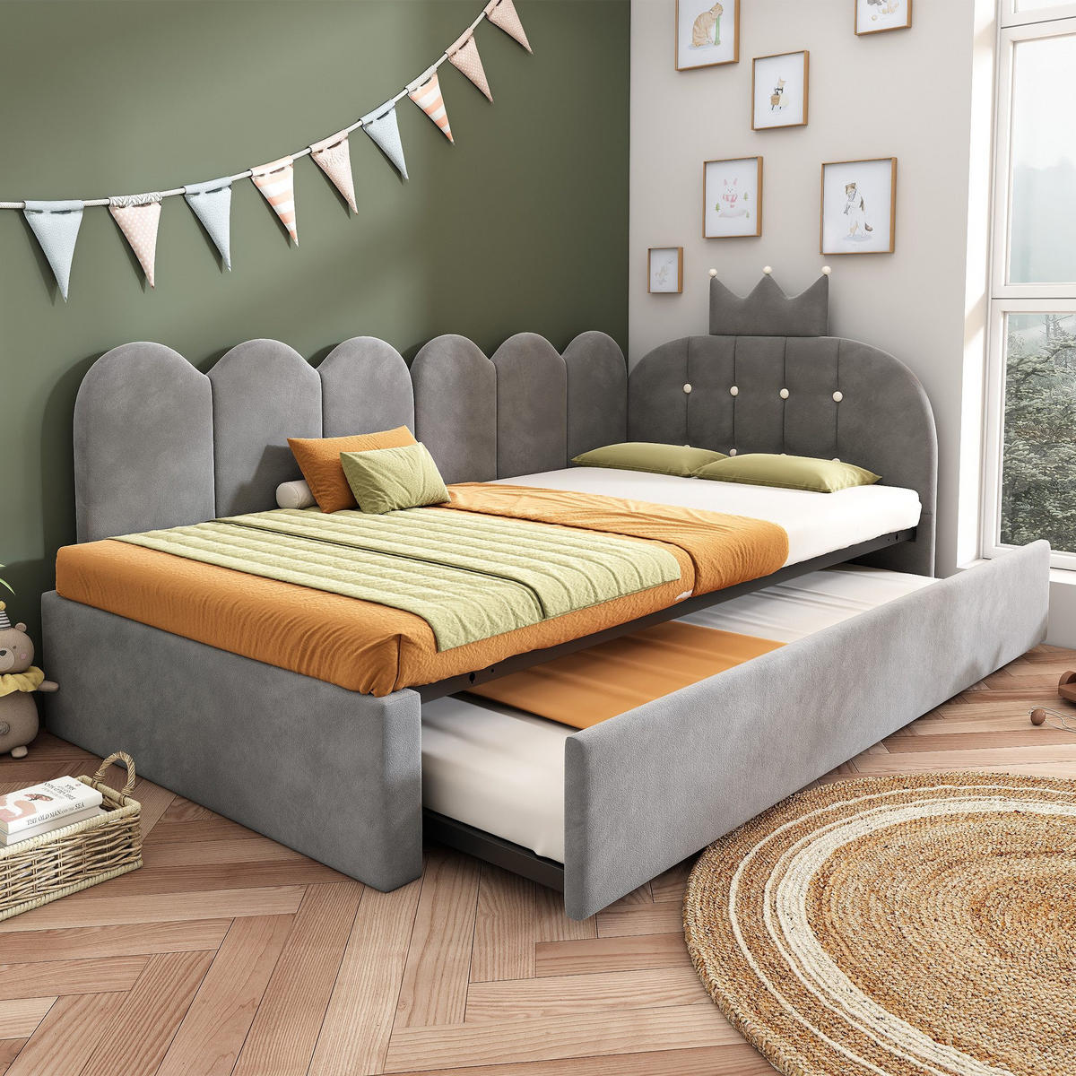 TAGESBETT 90x200cm mit Ausziehbett - Grau, Textil (90/200cm)