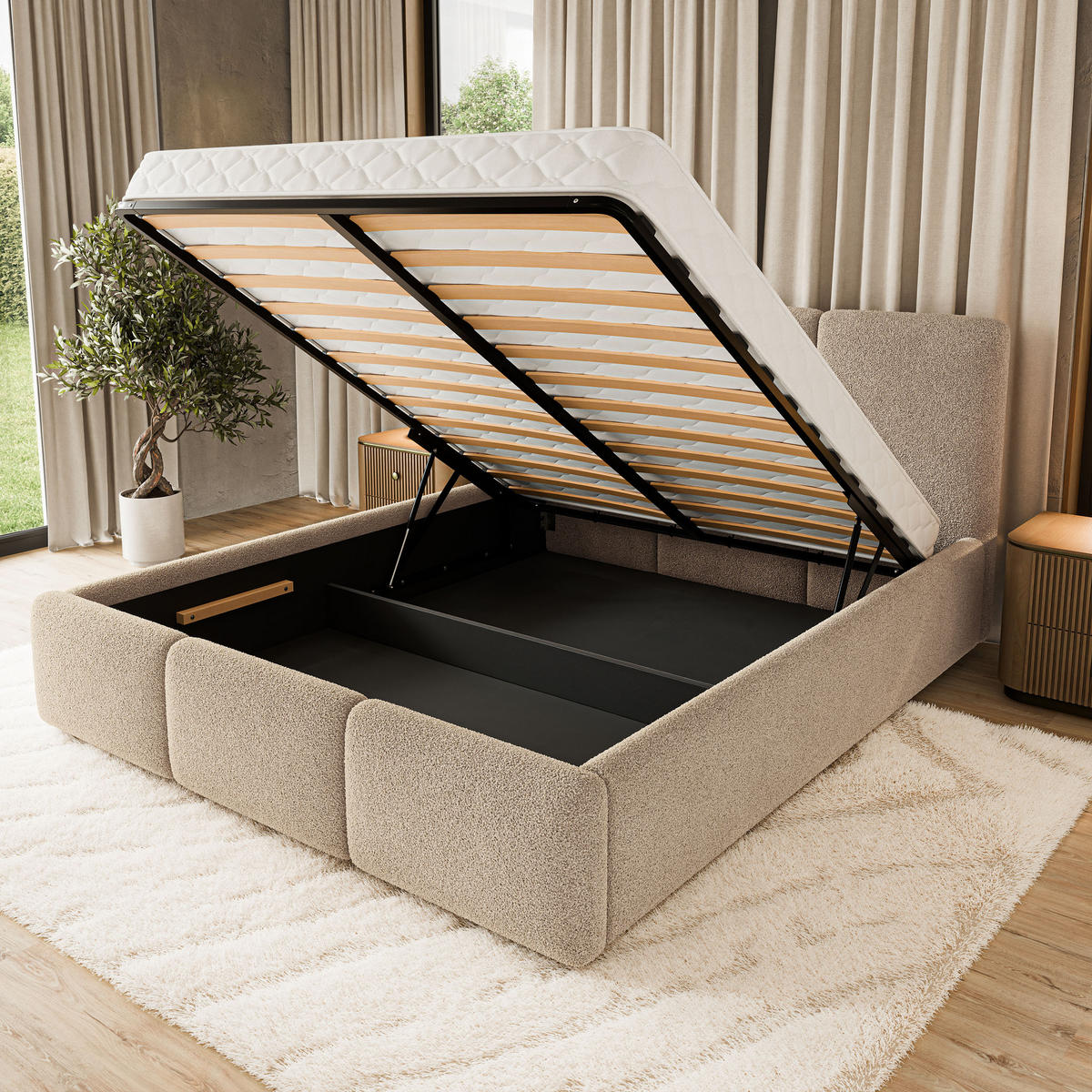 POLSTERBETT MORENA Q 180x200 cm mit Bettkästen - Beige - Beige, Holz (180/200cm) - MASSENO