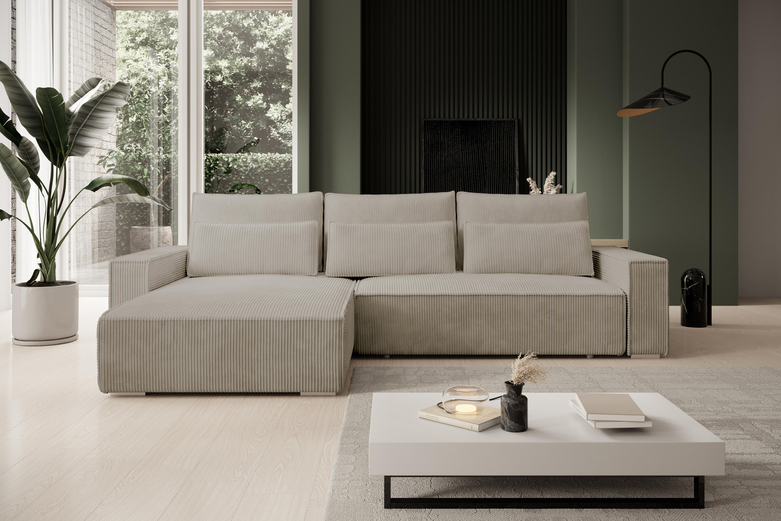 ECKSOFA Alice mit Bettkasten und Schlaffunktion, Cordstoff in L-Form - Beige, Textil (289/184cm)