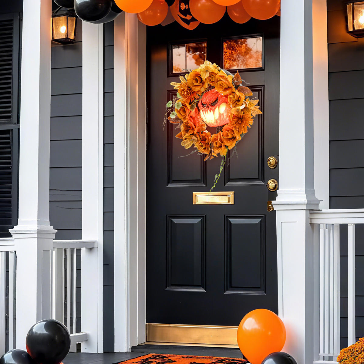 HALLOWEEN Dekoration Hängender Kürbis-Kranz mit 44 LEDs mit Flammeneffekt - Orange, Textil (9/44/44cm) - Outsunny