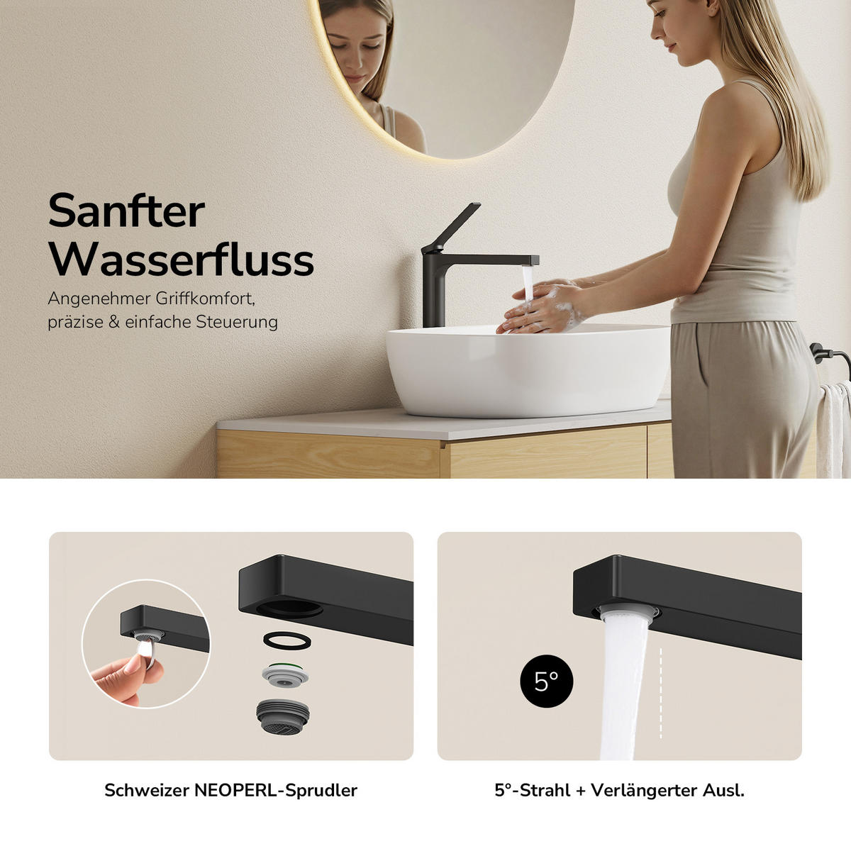 WASCHTISCHARMATUR mit Zertifiziertem Filterelement Schwarz Matt Hoher Stil - Schwarz, Metall (23.3/4.6/33.5cm) - EMKE