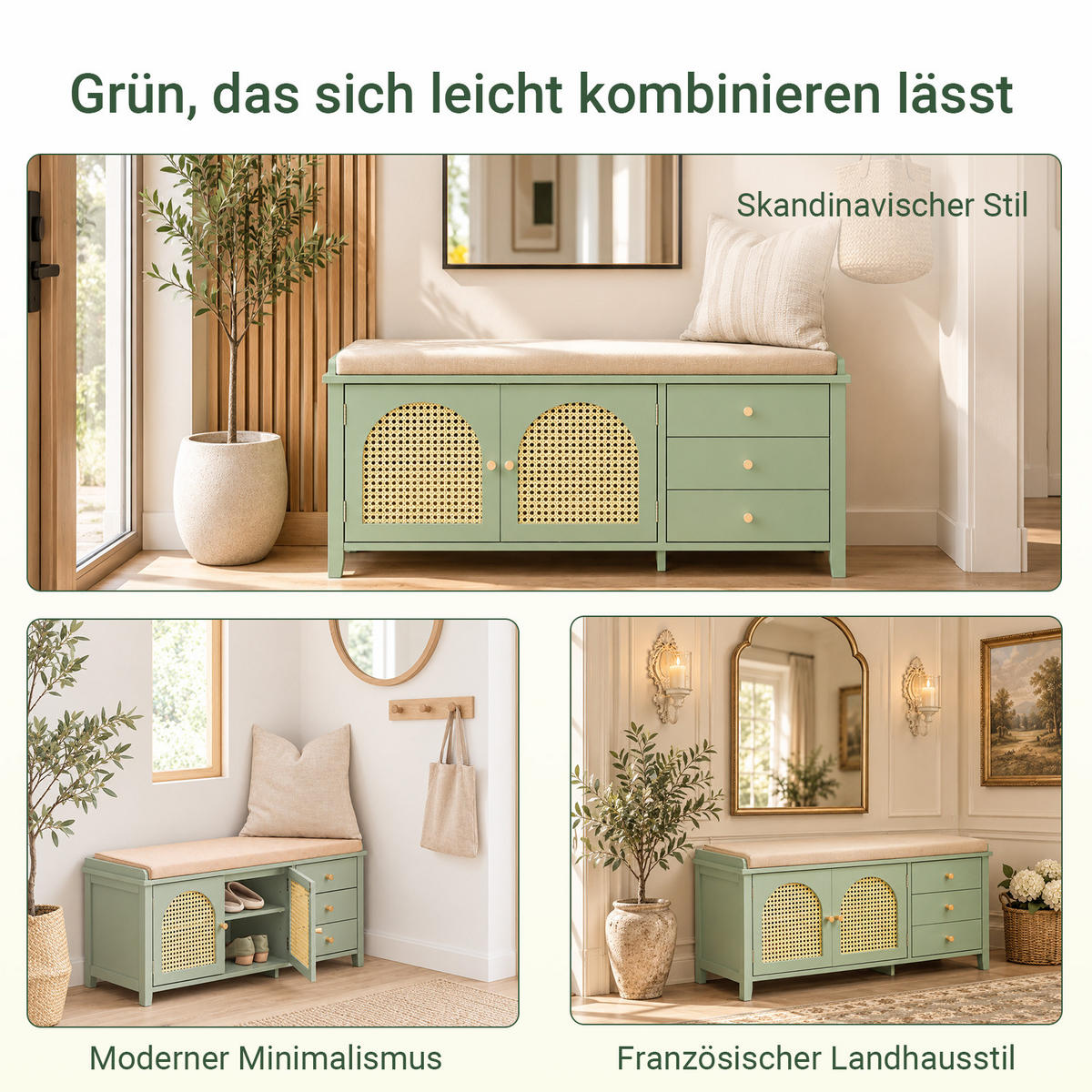 SCHUHBANK Grün, 100 cm breit, Rattangeflecht-Türen, Leinen-Sitzpolster, 2 Türen & 3 Schubladen, bis 150 kg, für Flur & Diele - Grün, Holzwerkstoff (100/46/34cm) - SoBuy