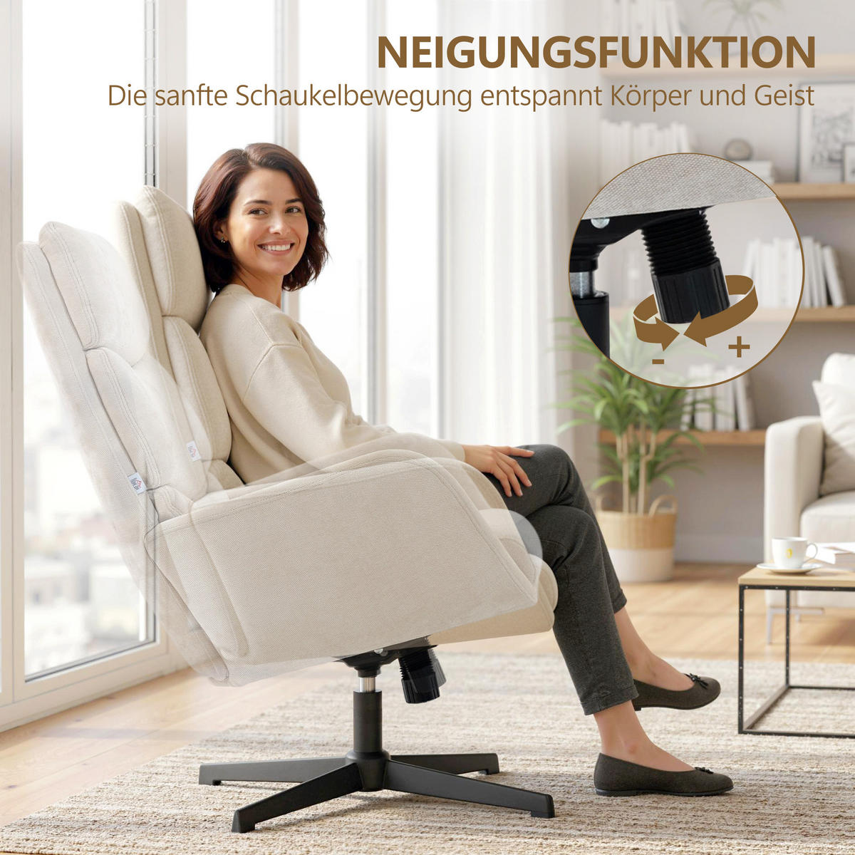 RELAXSESSEL mit Hocker, Fernsehsessel mit hoher Rückenlehne Wippfunktion Beige - Beige/Schwarz, Textil/Metall (66/99/75cm) - HOMCOM