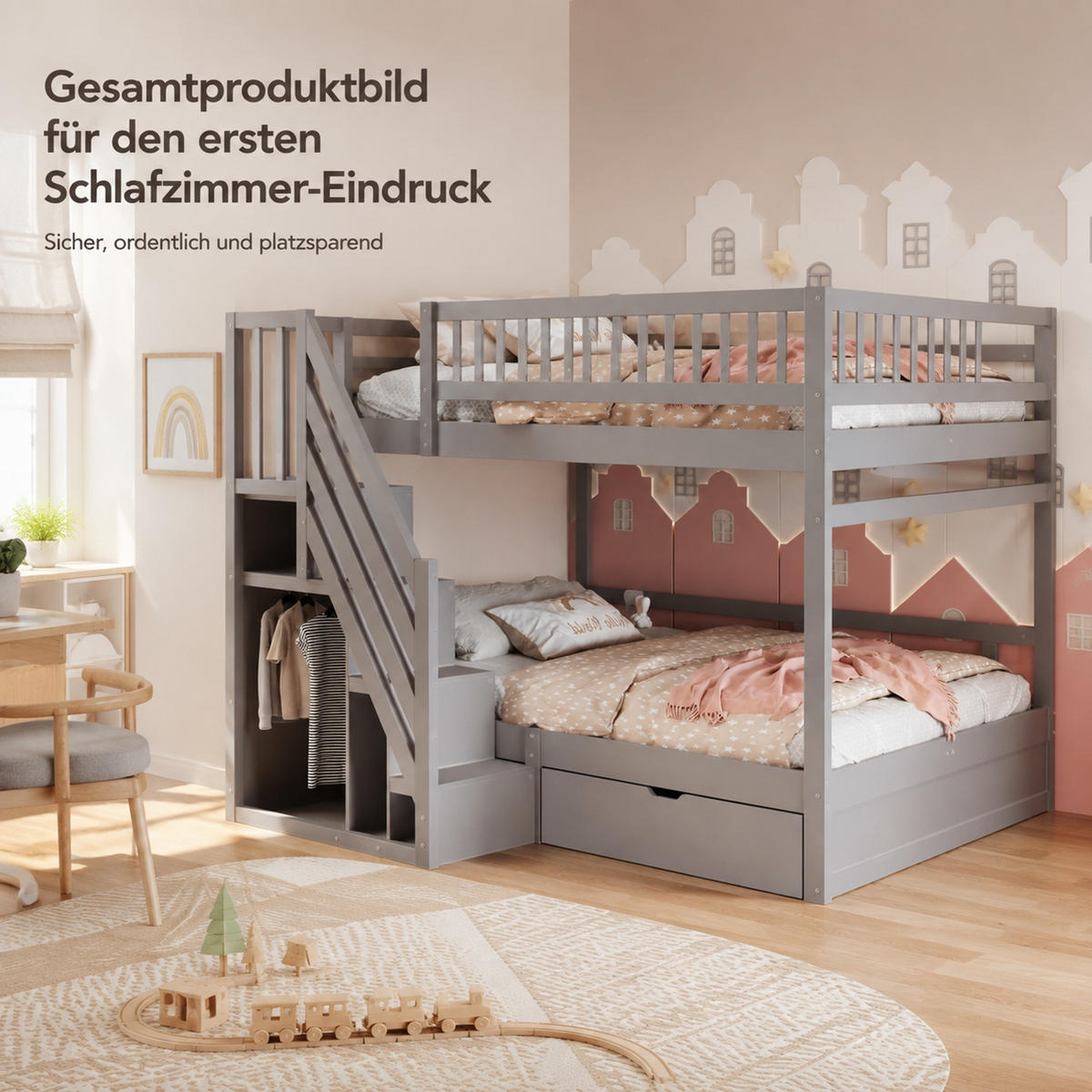 ETAGENBETT 140/200 cm aus Kiefernholz mit Stauraumtreppe und Schubladen Grau - Grau, Holz (140/200cm) - Modenvie