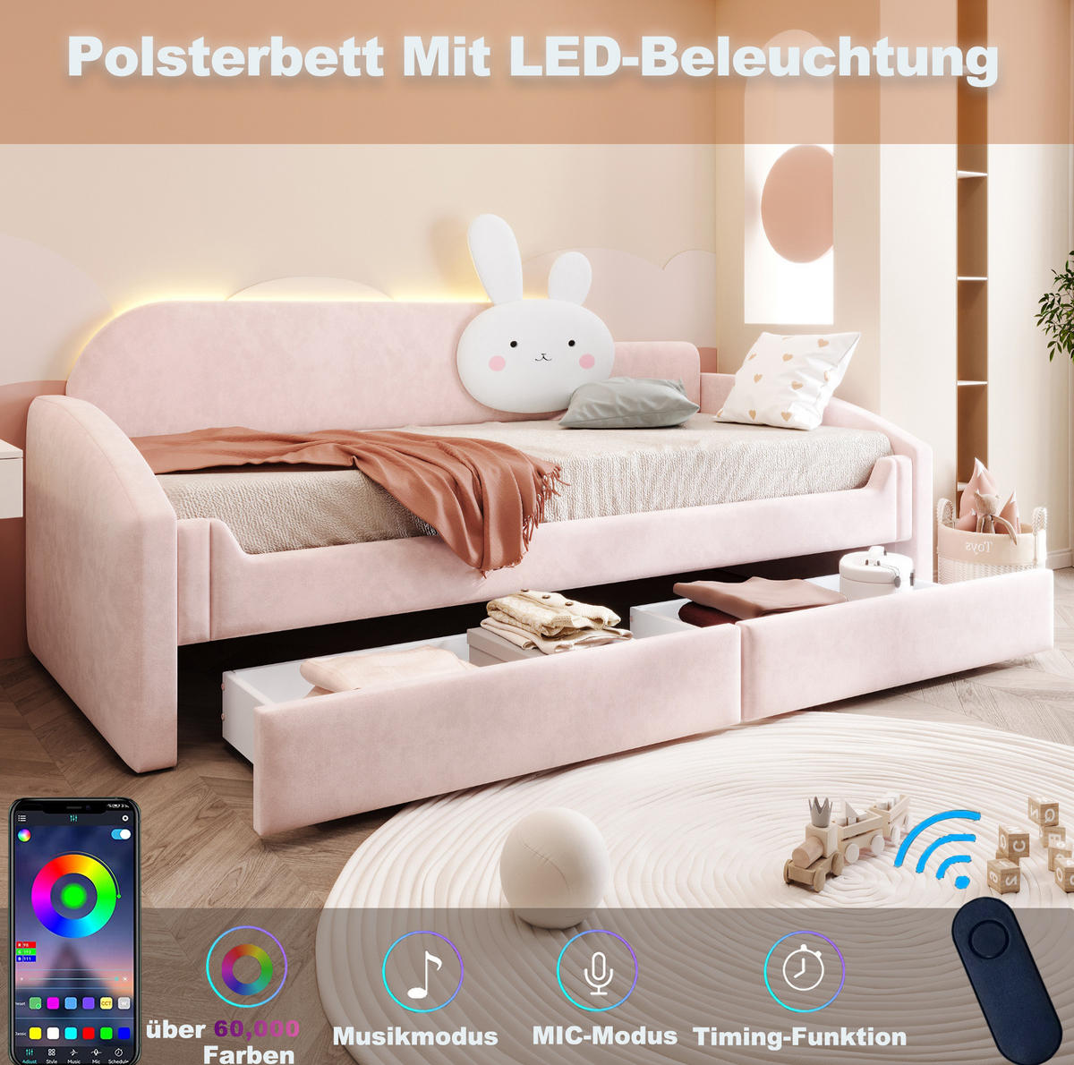 POLSTERBETT Kinderbett 90/200 cm Rosa mit LED und Stauraum - Rosa, Textil (90/200cm) - MIVRAY