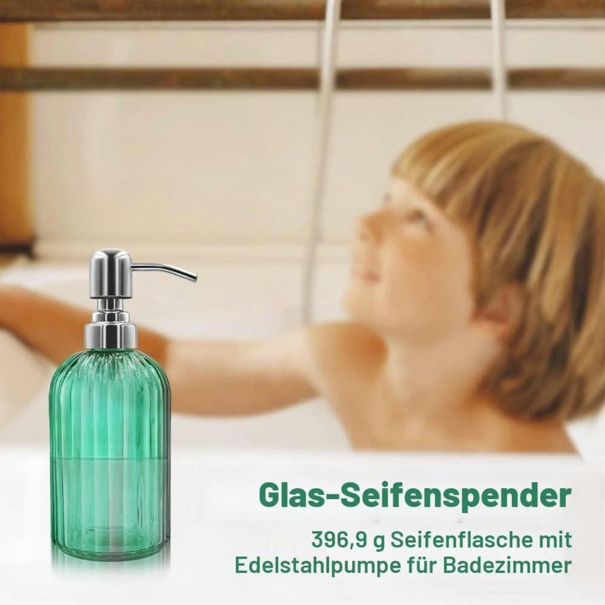 SEIFENSPENDER Glas Grün mit Edelstahlpumpe - Grün, Glas (6.6/18.5/6.6cm)