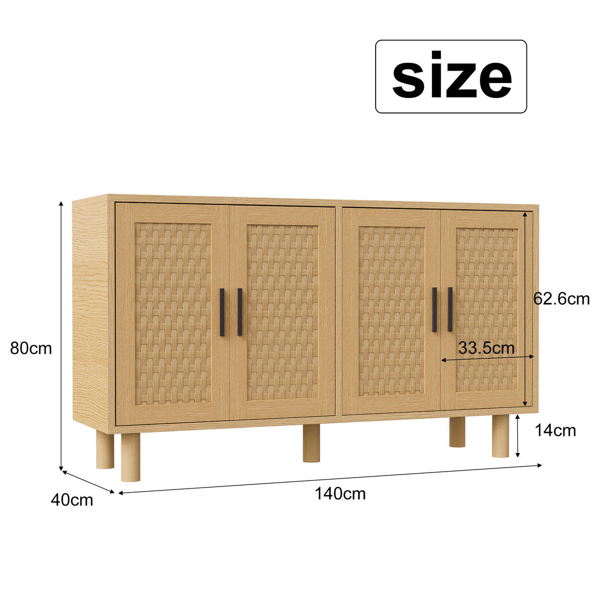 SIDEBOARD Rattan mit Türen aus Cannage, Buffetschrank verstellbare Einlegeböden, Holzoptik Natur - Naturfarben, Holz (40/80/140cm) - PARAFTA HOME