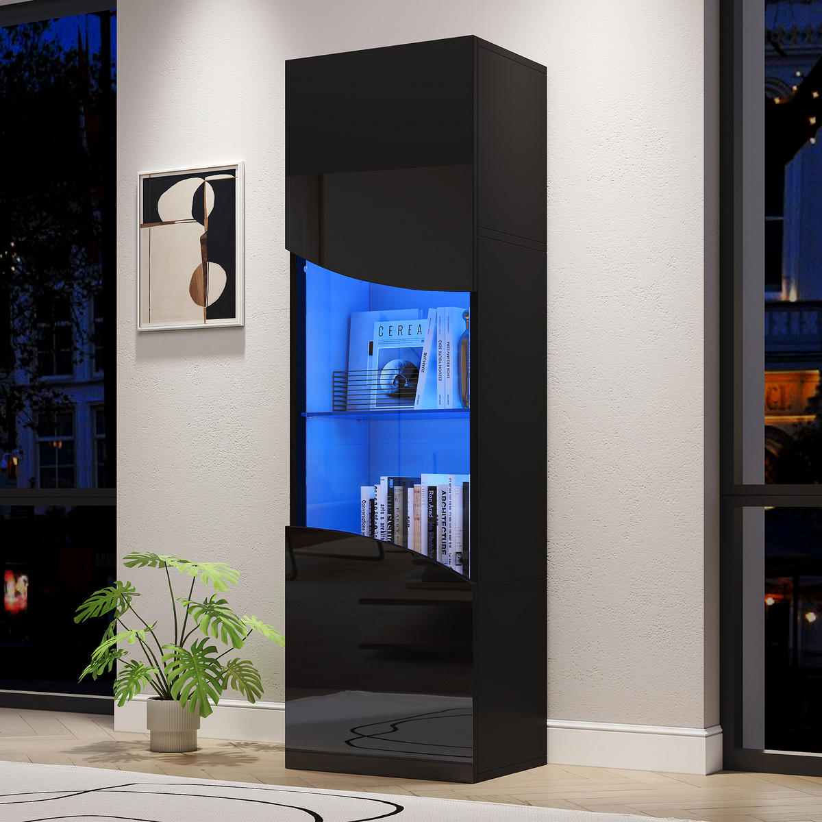 VITRINE Schmales Vitrinenregal mit 4 Ebenen, Hochglanz, Glas & LED-Beleuchtung 35/50/165 cm Schwarz 1 Set - Schwarz, Glas/Holzwerkstoff (50/165/35cm) - EVRYAE