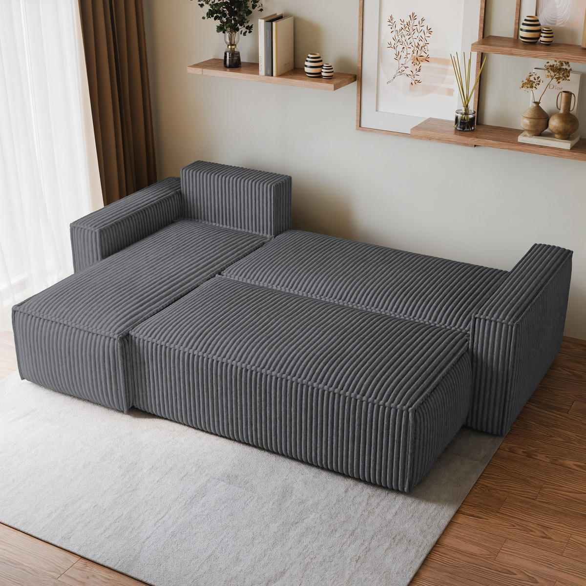 ECKSOFA RAVELO T Graphitfarben Kordstoff mit Schlaffunktion - Graphitfarben, Holz (240/140cm) - MASSENO