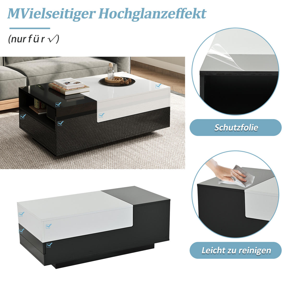 COUCHTISCH 100/50/38 cm schwarz-weiß mit 2 Schubladen und halboffenen Fächern - Weiß, Holzwerkstoff (100/50/38cm) - OKWISH