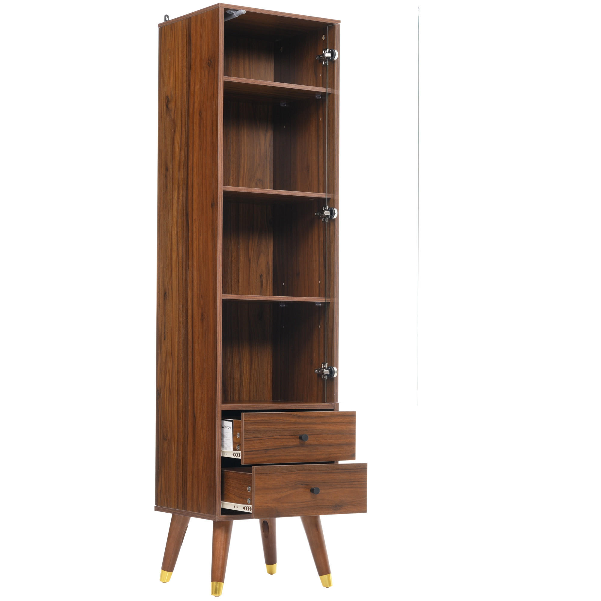BUFFET mit Glastür verstellbaren Regalen und 2 Schubladen Nussbaumholz-Optik - Transparent/Walnussfarben, Glas/Holzwerkstoff (39.8/160/35cm) - EVRYAE