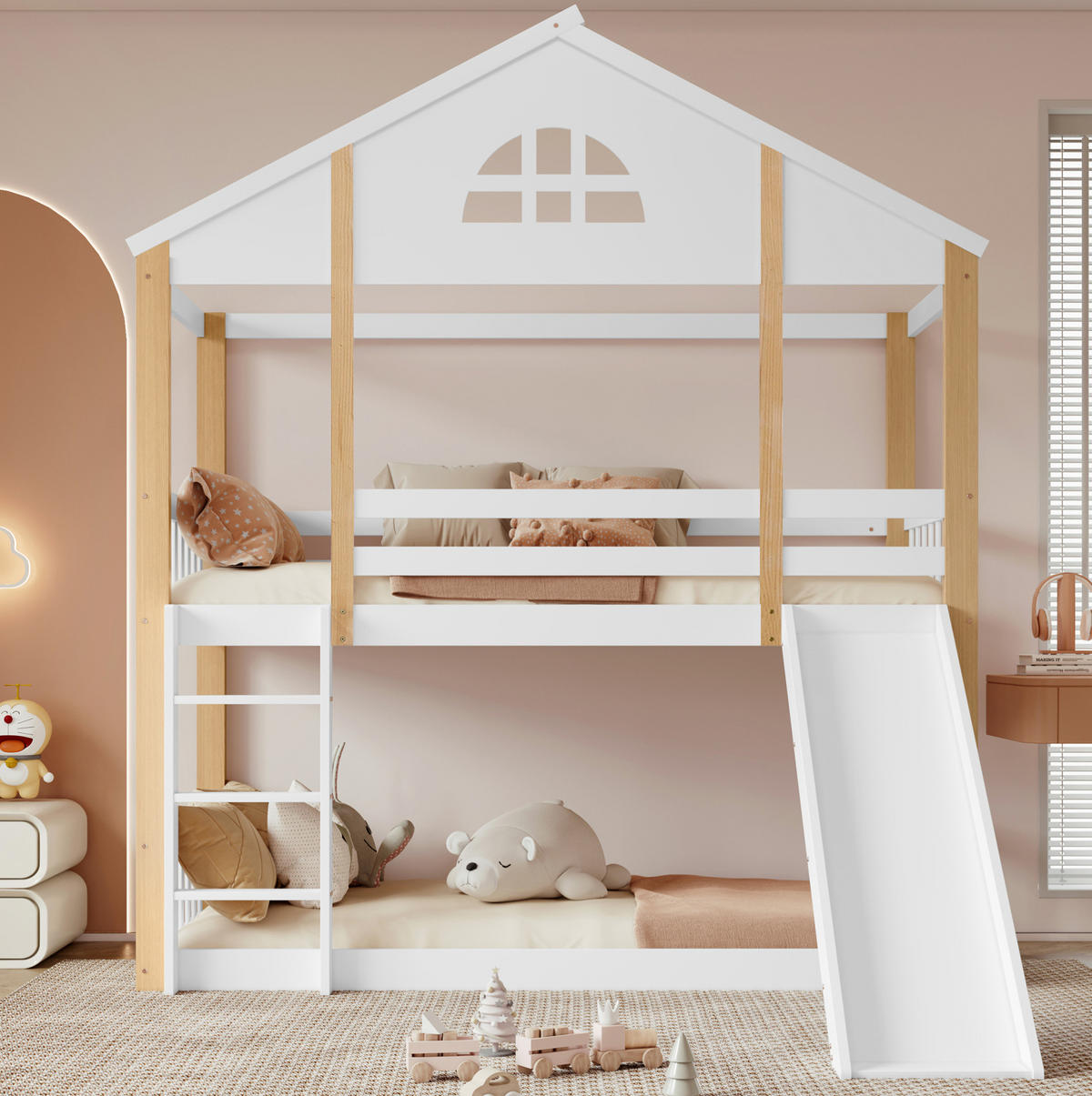 ETAGENBETT 90/200 cm weiß und natur aus Massivholz mit Rutsche und Winkeltreppe - Weiß, Holz (90/200cm) - OKWISH