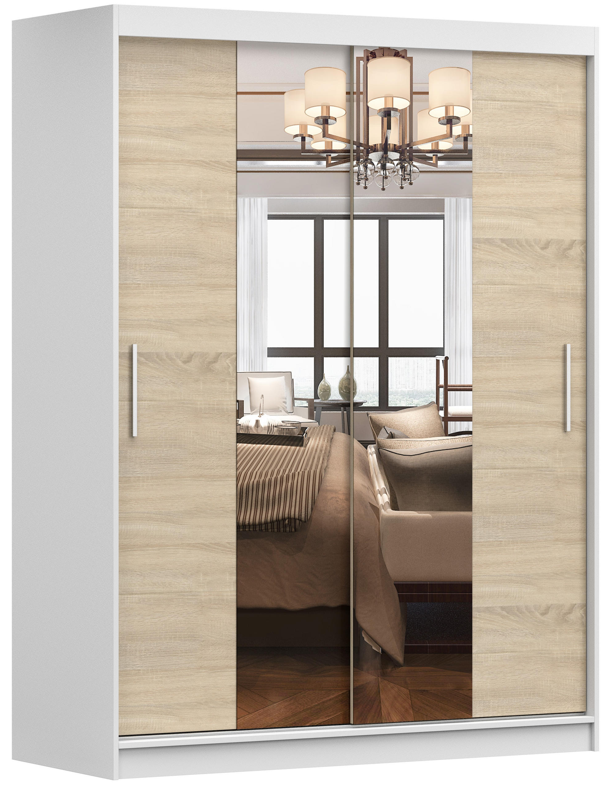 SCHWEBETÜRENSCHRANK Vista 01 Weiß/Sonoma Eiche + Spiegel, mit LED-Beleuchtung 150cm - Alufarben/Weiß, Glas/Holzwerkstoff (150/200/61cm) - imoebel24