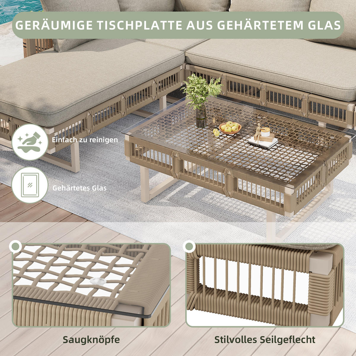 LOUNGESET, Seilgeflecht, Verstellbare Füße, Glas-Couchtisch, Beige - Beige, Metall - FLIEKS