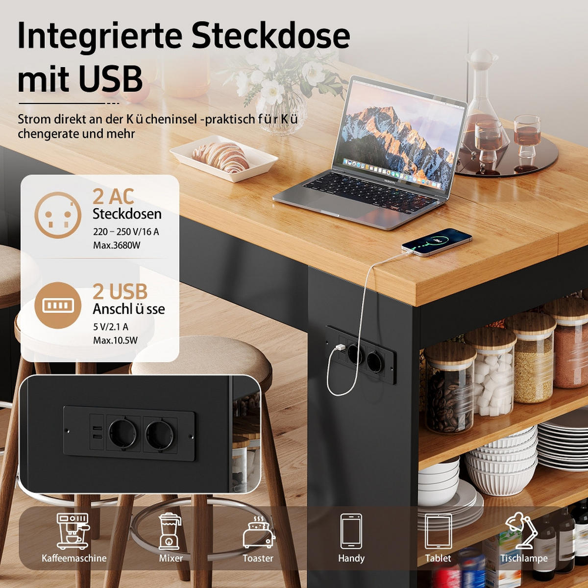 KÜCHENINSEL mit Steckdose, LED Beleuchtung, 40mm Arbeitsplatte, 3 Ablagen, MDF, 155/80/90 cm - Schwarz, Kunststoff (80/90/155cm) - Rolipo