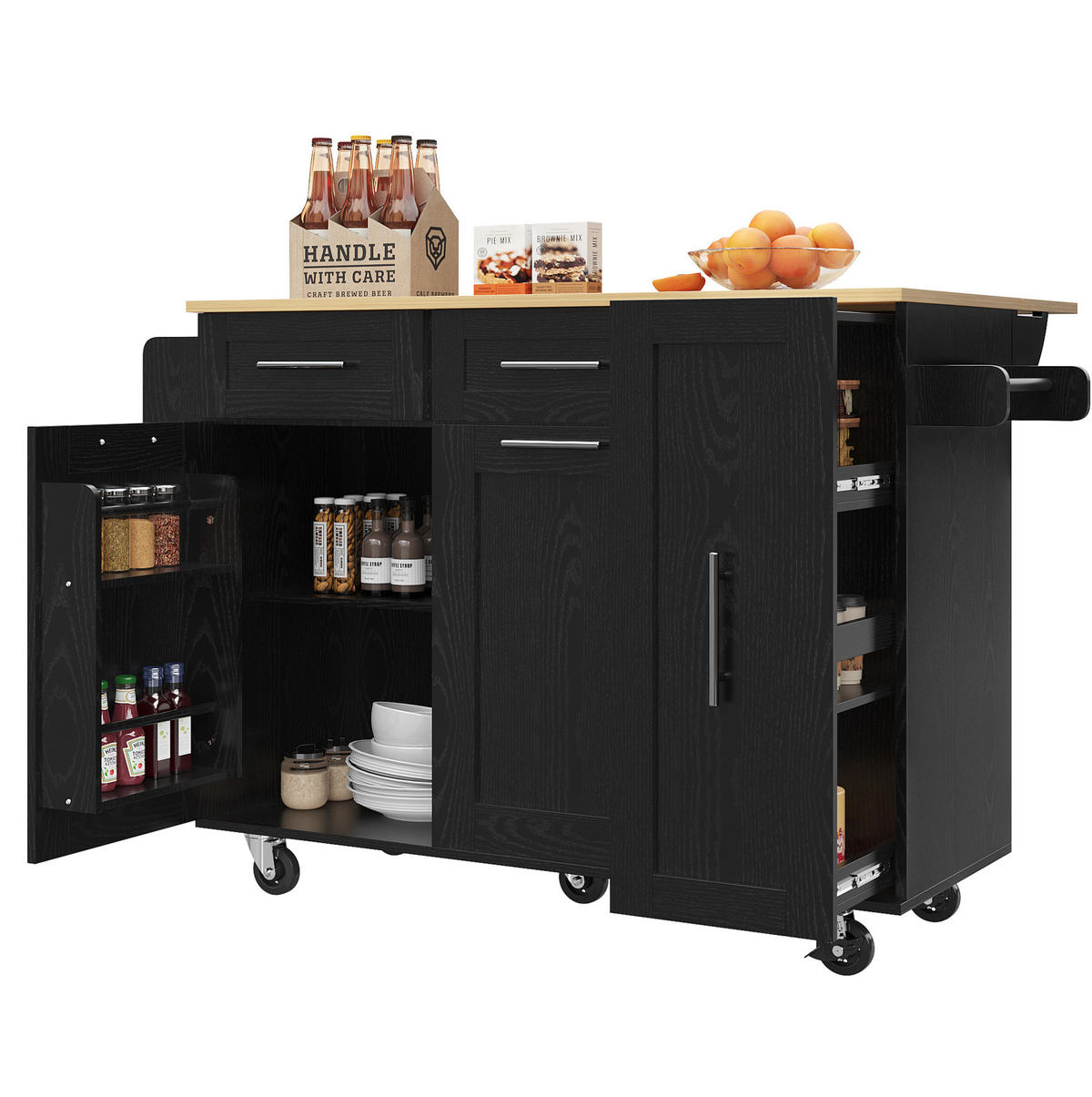 KÜCHENINSEL 110/46/90,5 cm aus MDF/Metall mit klappbarer Tischplatte Schwarz - Schwarz, Holzwerkstoff (110/90.5/74cm) - Modenvie