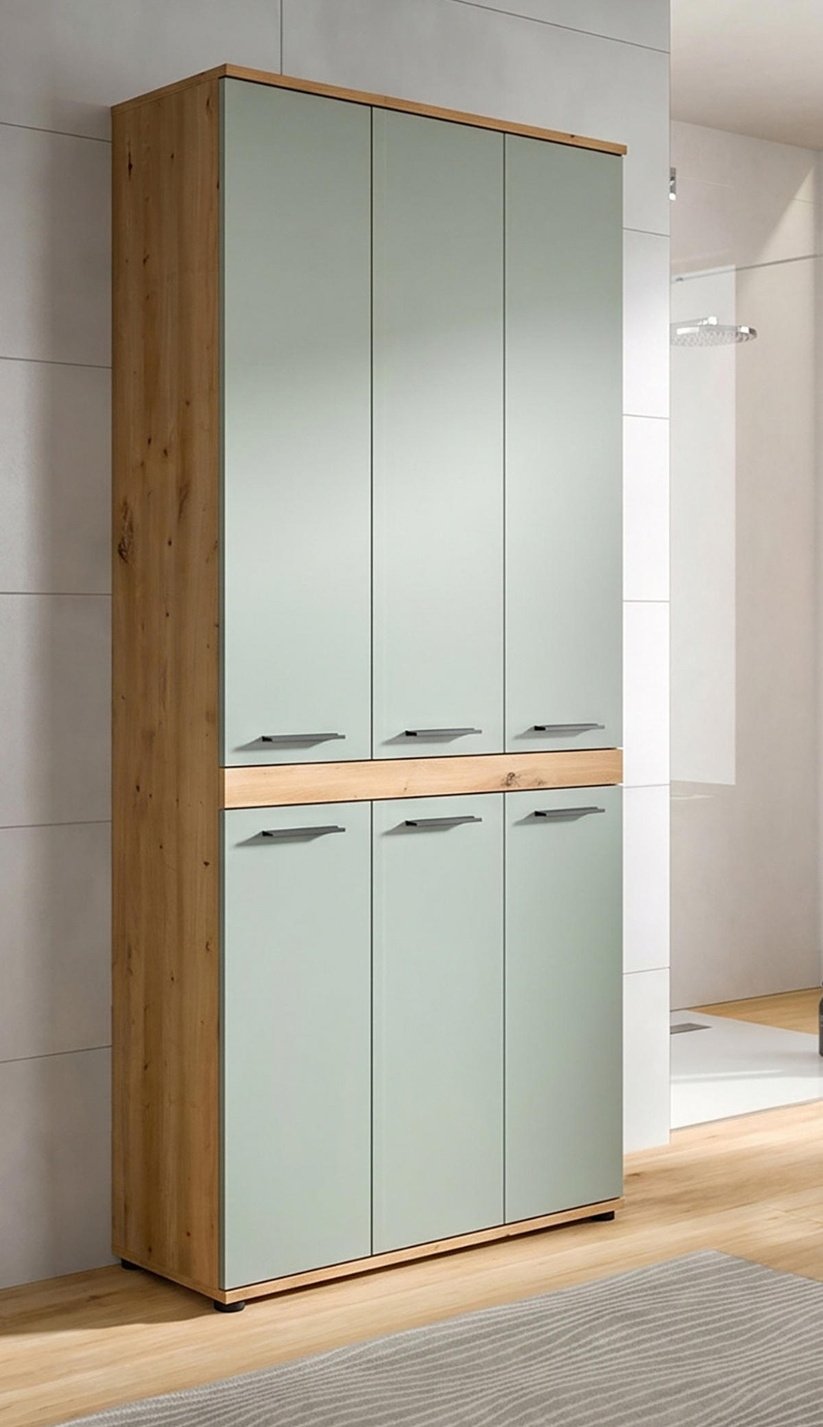 HOCHSCHRANK Salbei, Artisan Eiche 90 x 191 cm, Badschrank XXL - Salbeigrün/Schwarz, Holzwerkstoff/Kunststoff (90/191/31cm) - Inn.Furn