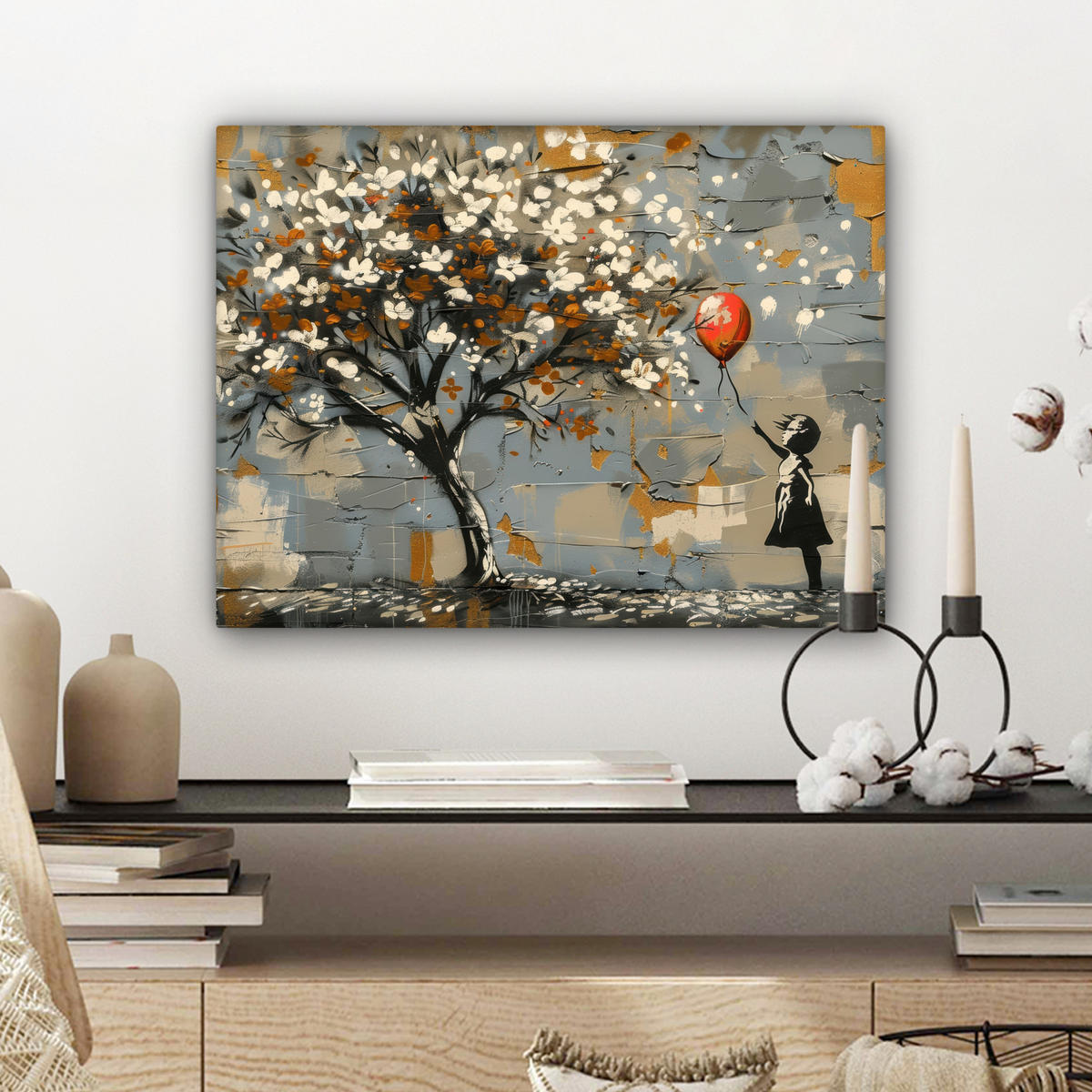 LEINWANDBILD Baum - Graffiti - Banksy-Stil - Ballon-Mädchen Wandbild 40x30 cm - Blaugrau, Textil (40/30cm) - MuchoWow