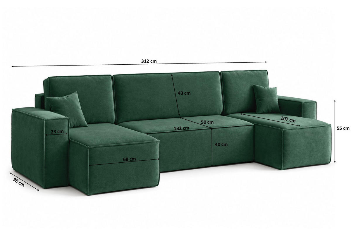 ROHOVÁ SEDAČKA ve tvaru U s funkcí spaní a úložným prostorem, velurová tkanina Bluvel, Zelená, BEST U - zelená barva, dřevo (312/142cm) - Kaiser Möbel