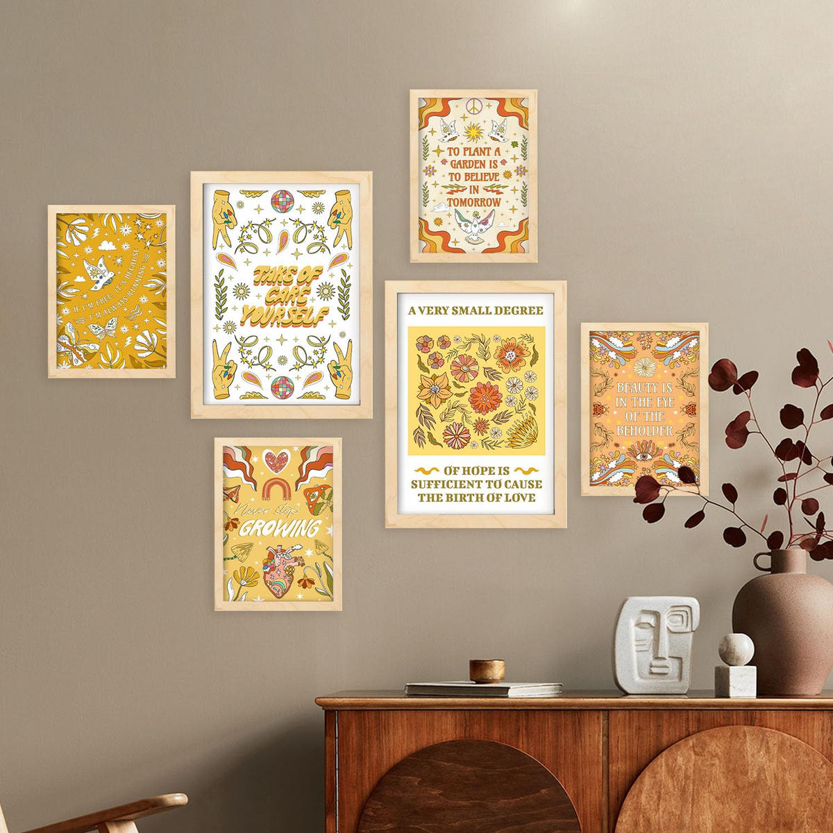 POSTER Set Mit 6 Drucken Der Selbstversorgung In Der Brillanten Groovy Dekorative Rahmen Für Ihr Zuhause Wandkunstdruck A3 & A4 Rahmen Aus Hellem Holz - Beige, Papier (29/3cm) - Nacnic