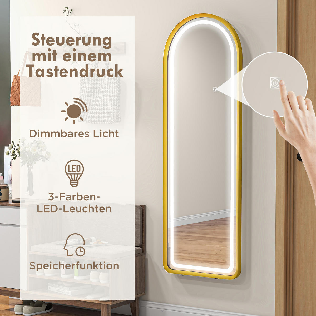 STANDSPIEGEL mit LED-Leuchte, Touch-Schlater, für Wohnzimmer, Schlafzimmer, Gold - Goldfarben, Glas (50/4/151.5cm) - HOMCOM