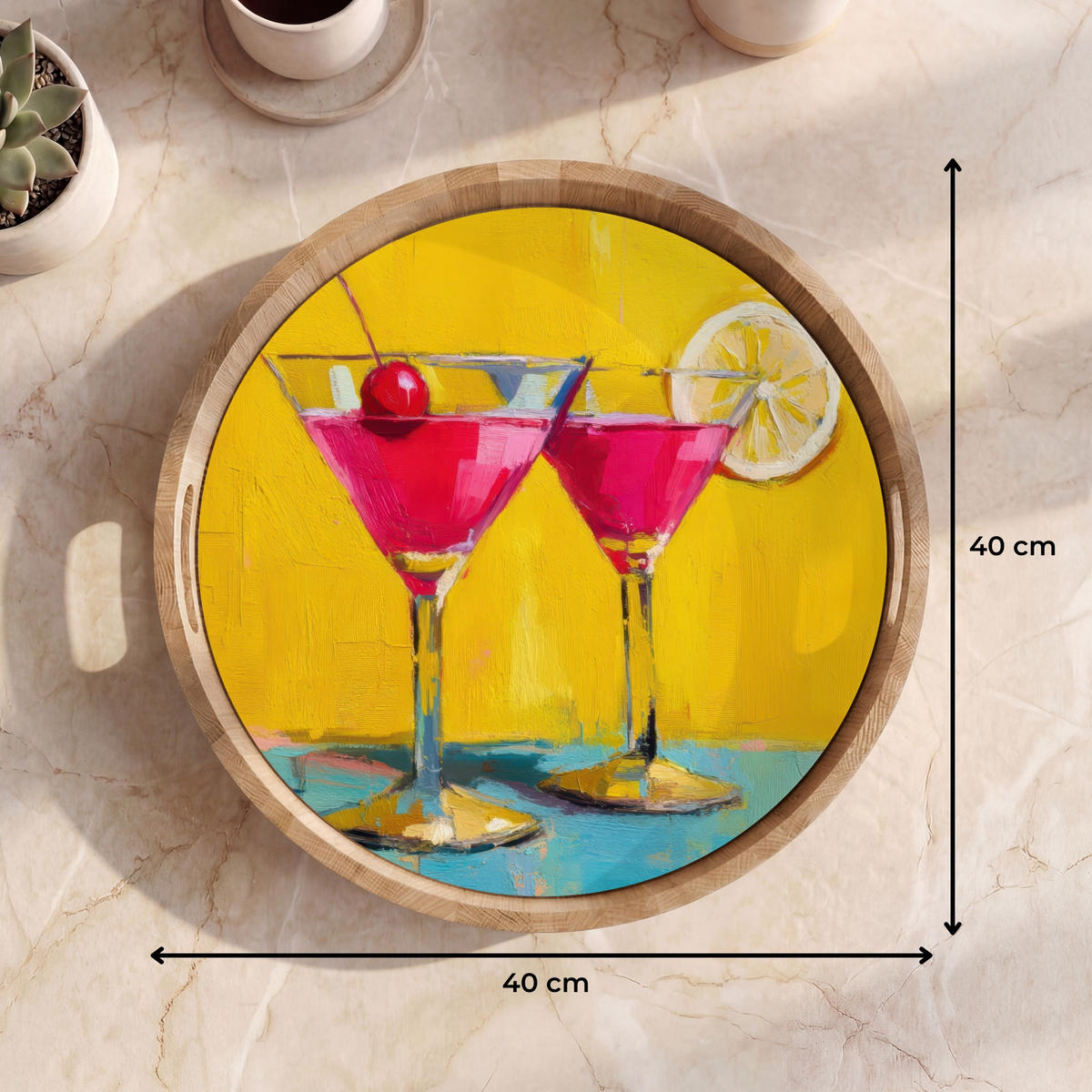 SERVÍROVACÍ PODNOS Sklenice - Koktejl - Citron - Třešeň 40x40 cm - žlutá, dřevo (40/5/5cm) - OnlyWow
