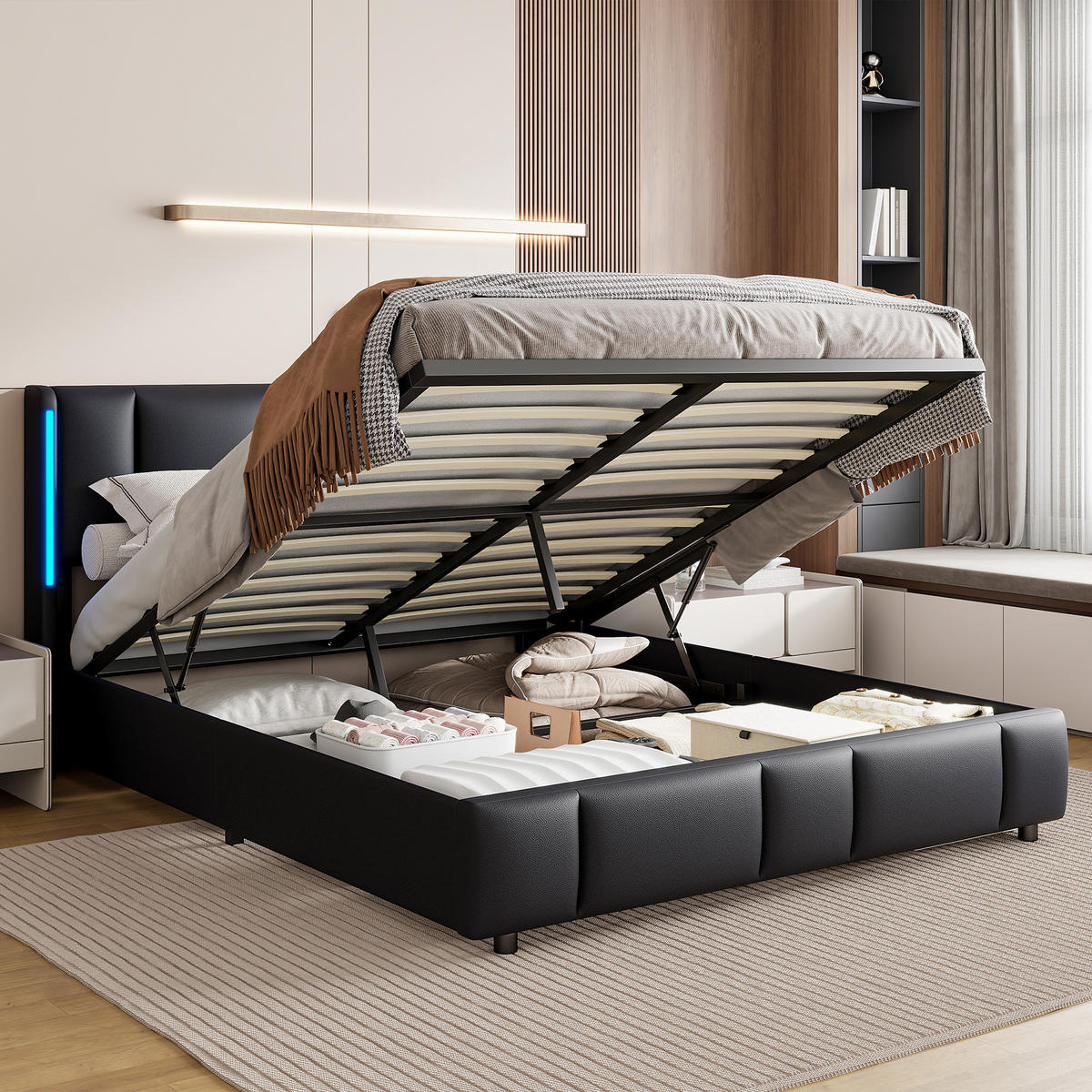 POLSTERBETT 140x200 mit LED, USB/Type-C, Stauraum & Lattenrost, schwarz - Schwarz, Textil/Metall (140/200cm)