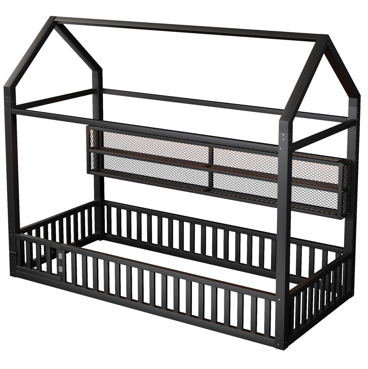 KINDERBETT 90/200 cm in Hausform aus Metall mit Sicherheitszaun und LED - Schwarz, Metall (90/200cm) - BEAOK