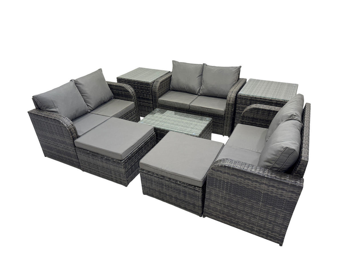 GARTENMÖBELGARNITUR mit KISSEN Polyrattan Dunkelgrau 8-Sitzer - Dunkelgrau/Grau, Glas/Kunststoff - Fimous