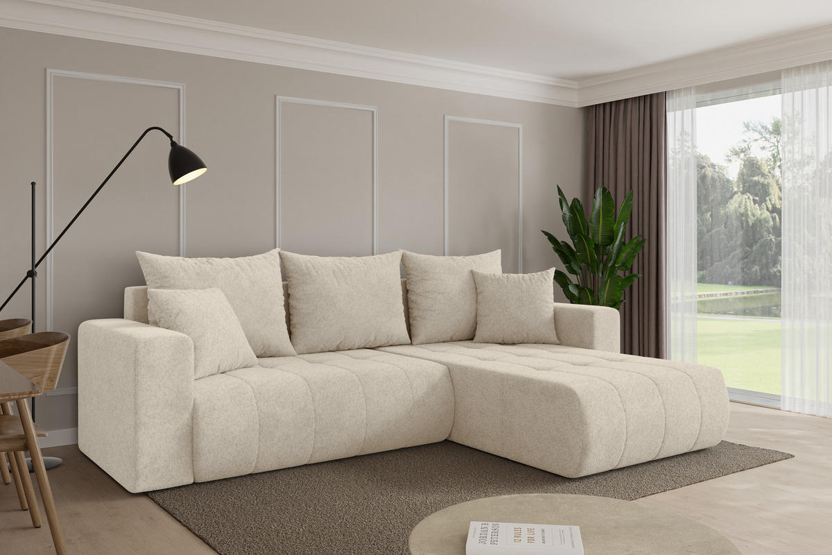 ROHOVÁ SEDAČKA s funkcí spaní, otoman vpravo MILA-L 277x194x86 krémová velur - černá/krémová, kompozitní dřevo/textil (277/194cm) - ALTDECOR
