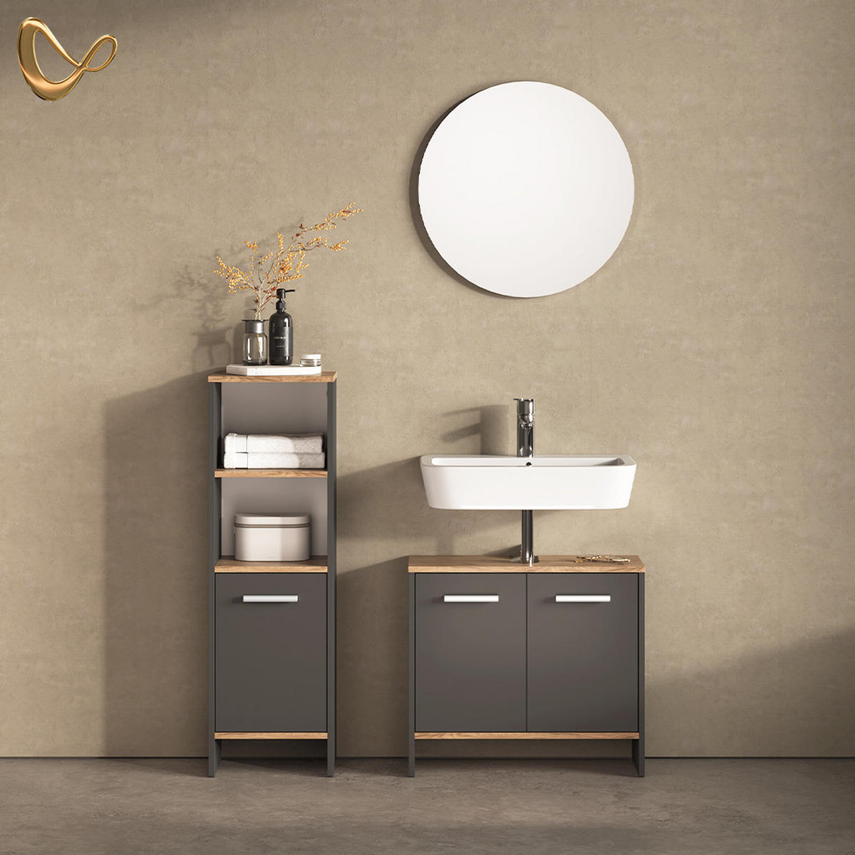 BADEZIMMERMÖBEL-SET Amalfi Anthrazit/Goldkraft Eiche 2 Teile - Honigeiche/Anthrazit, Holzwerkstoff (63.8/57/26.3cm) - Livinity®