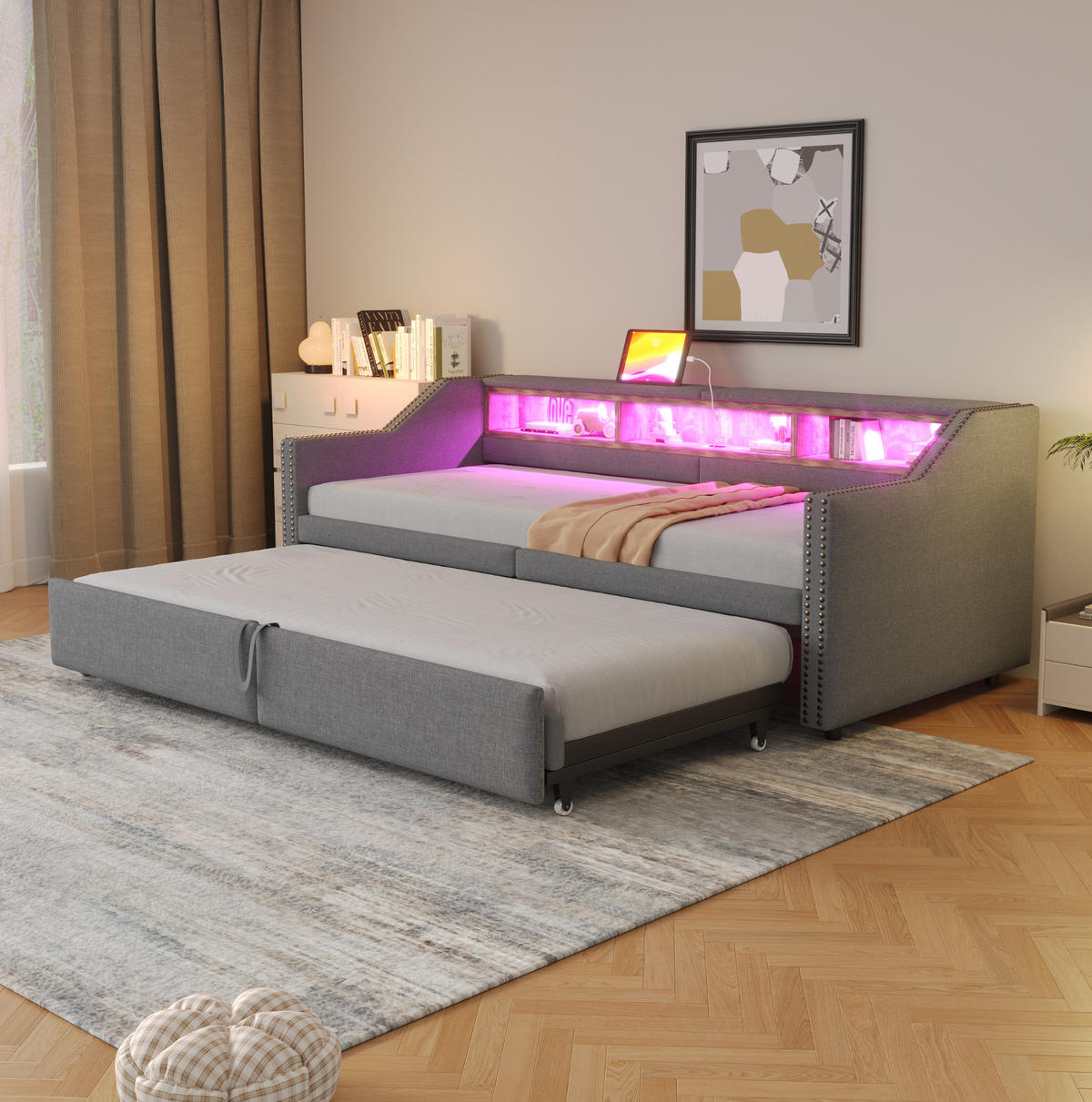 MULTIFUNKTIONSBETT 90/200 cm und 180/200 cm Hellgrau mit Ausziehbarem Schlafsofa und LED-Beleuchtung Mit Matratze - Hellgrau, Textil (90/200cm) - OKWISH