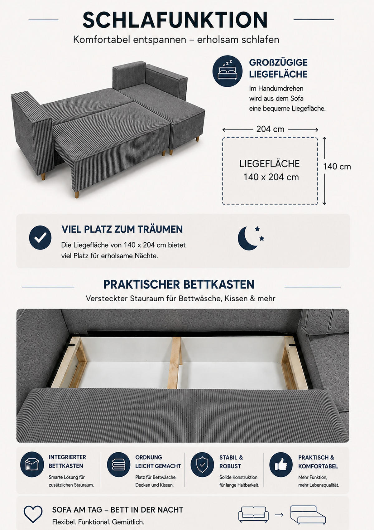 ECKSOFA mit Schlaffunktion und Bettkasten Rio, Ecksofa Cordstoff Grau, Ottomane Universal, 249x142 cm - Grau, Textil (249/142cm) - Marpur