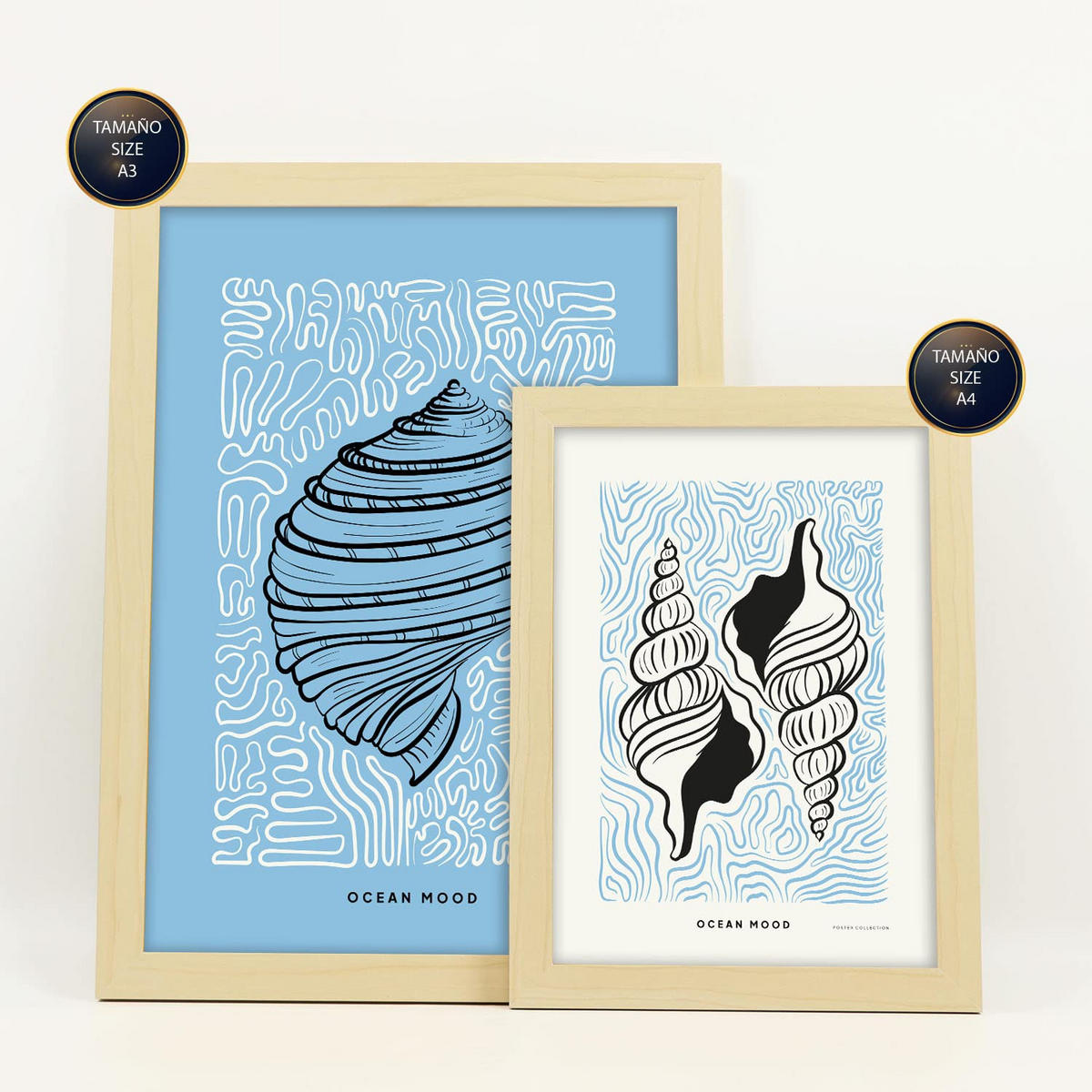 POSTER Set Mit 6 In Schwarzer Tinte Irises Kunstdrucke Von Meer Und Ozean Für Innenarchitektur A3 & A4 Rahmen Aus Hellem Holz - Beige, Papier (29/3cm) - Nacnic