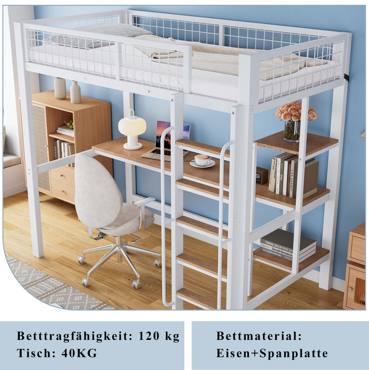 ETAGENBETT 90/200 cm weiß aus Metall mit Tisch und Regalen - Weiß, Metall (90/200cm) - OKWISH
