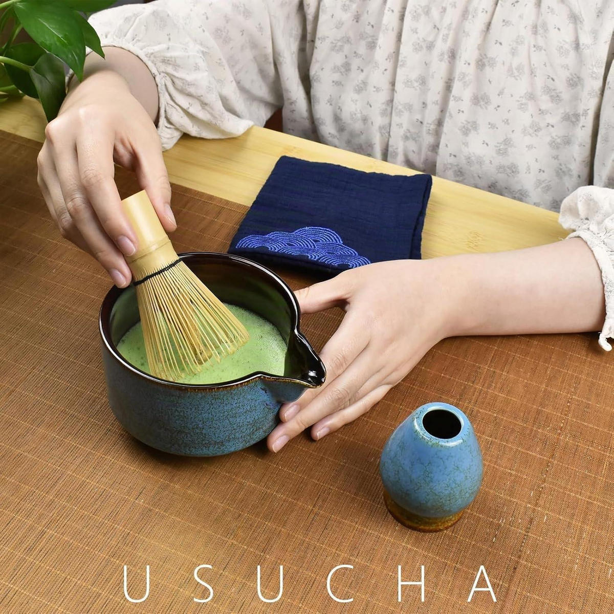 MATCHA-SET 7-teilig Keramik Bambus - Blau, Keramik (5.3/5.3/22.4cm)