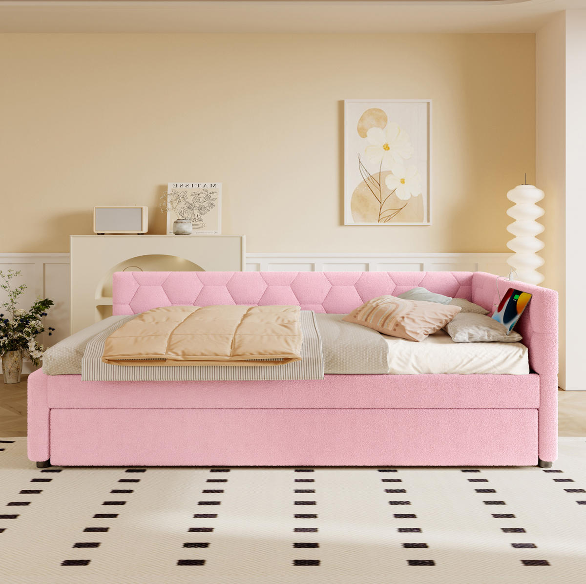 POLSTERBETT aus Samt und MDF 90x200 cm in Rosa mit Ausziehbett, USB & Typ-C - Rosa, Textil (90/200cm) - Modfu