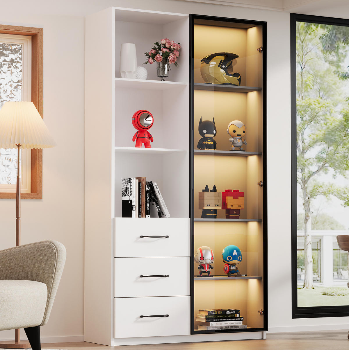 VITRINE 80/40/160 cm aus Spanplatte mit LED-Beleuchtung und Sicherheitsglastür Weiß - Weiß, Holzwerkstoff (80/160/40cm) - Modenvie