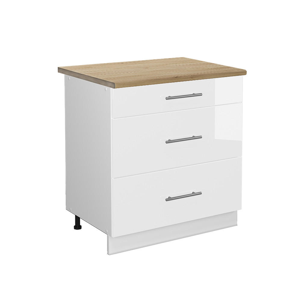 KÜCHENUNTERSCHRANK Fame-Line Weiß Hochglanz 80 cm mit 3 Schubladen AP Eiche - Weiß Hochglanz/Weiß, Holzwerkstoff (80/82/60cm) - Vicco