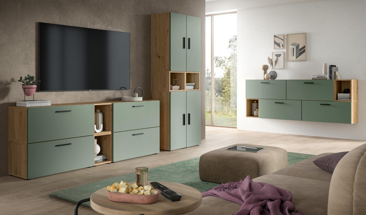 WOHNWAND grün, Eiche Artisan 202 cm, Schrankwand mit Soft-Close - Schwarz/Eiche Artisan, Holzwerkstoff/Kunststoff (202/184/34cm) - Inn.Furn