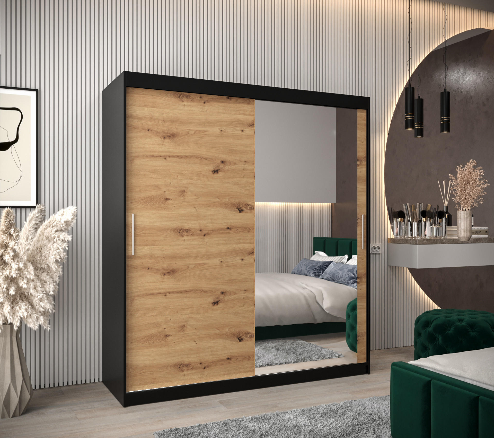 SCHWEBETÜRENSCHRANK 200/180/62 2-türig - Silberfarben/Schwarz, Holz/Kunststoff (180/200/62cm) - Abiks Möbel