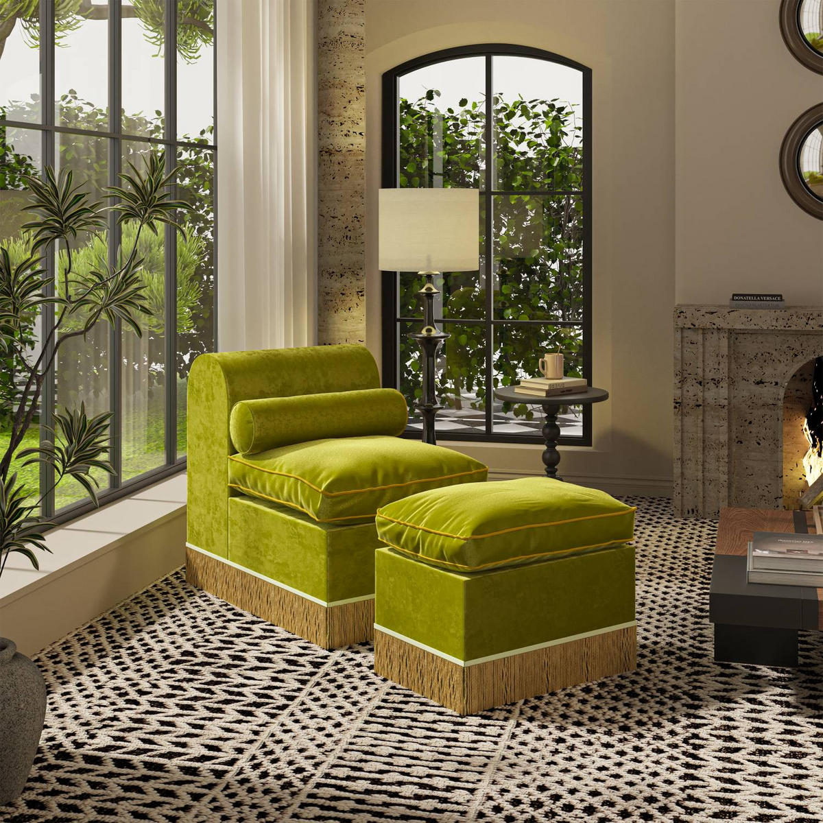 LOUNGESOFA mit Quasten Einzelsofa Luxus und Premium Samt - Olivgrün, Textil (60/80/130cm) - Vercart