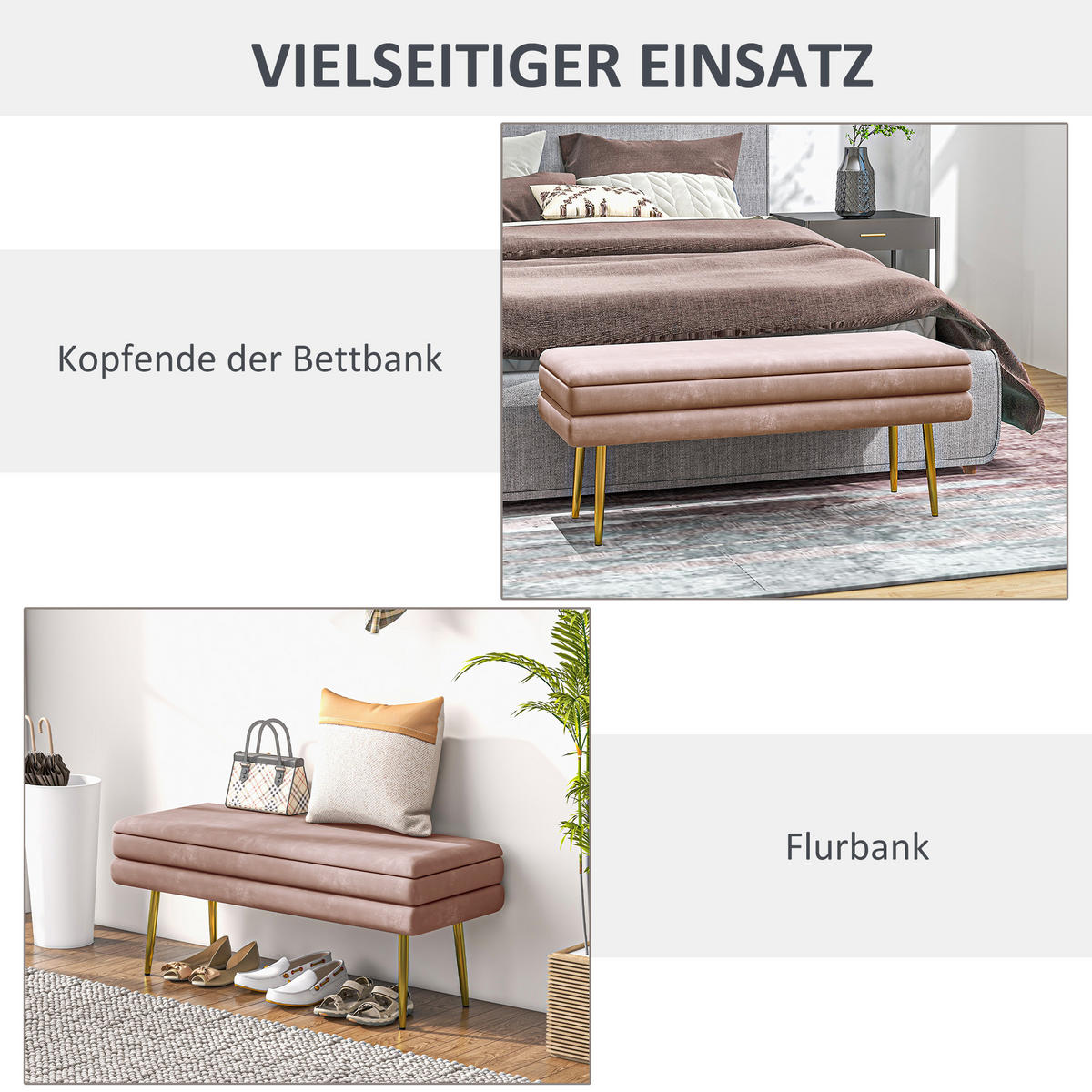 SITZBANK, Polsterbank mit Stauraum, Samtoptik, Bettbank mit Stahlbeine, Rosa - Rosa, Kunststoff (37.5/42/100cm) - HOMCOM
