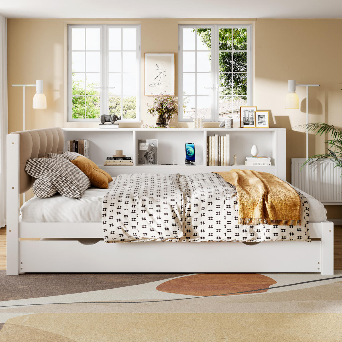 TAGEBETT 140x200cm Weiß Kiefer Ausziehbett LED-Leiste USB Regal - Weiß, Holz (140/200cm) - FLIEKS