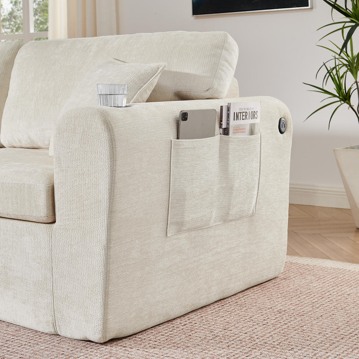 2-SITZER SOFA Chenille Beige mit USB, Kissen, Getränkehalter und Tasche - Beige, Textil (220/89/100cm) - WISHDOR